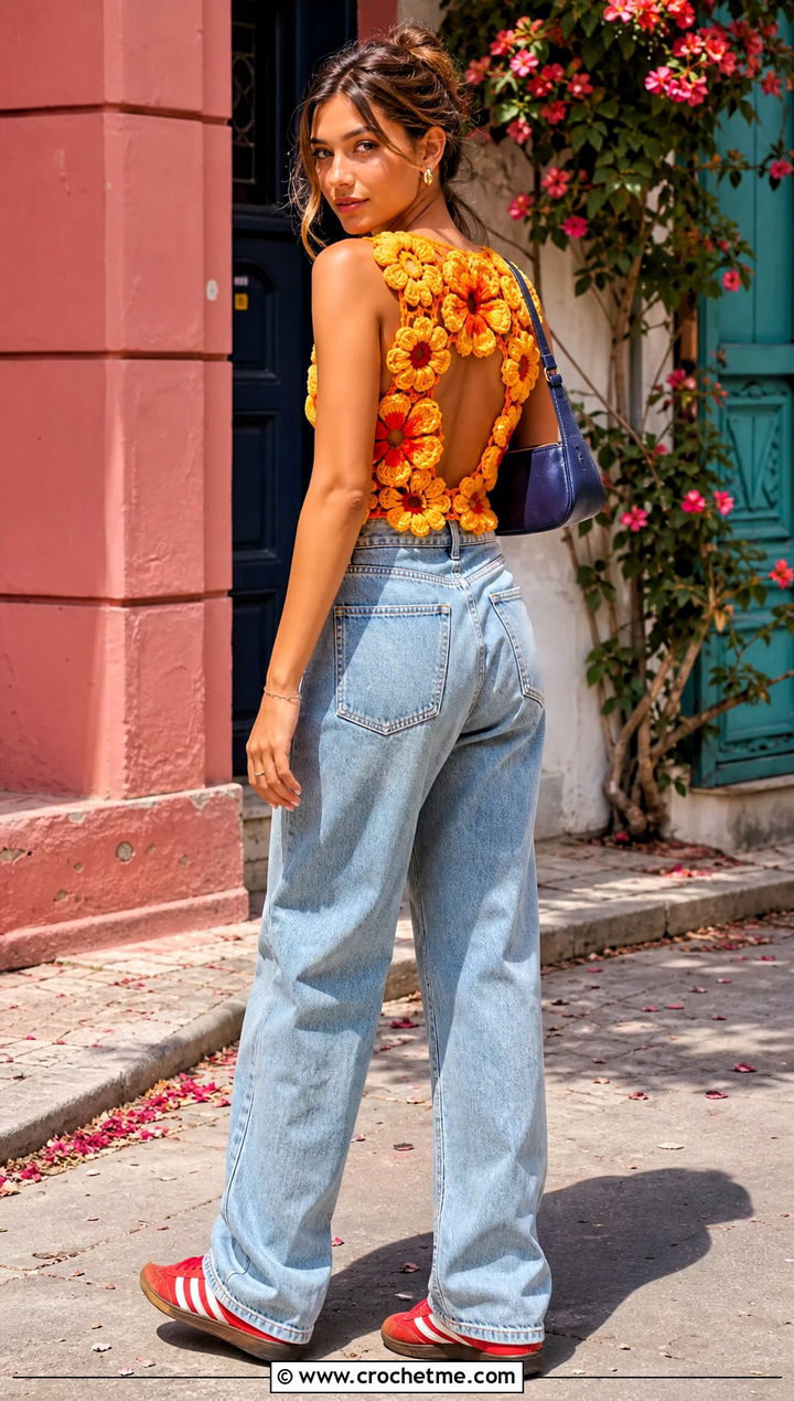 Crochet Flower Top With Baggy Jeans - 35 open back crochet top outfit ideas