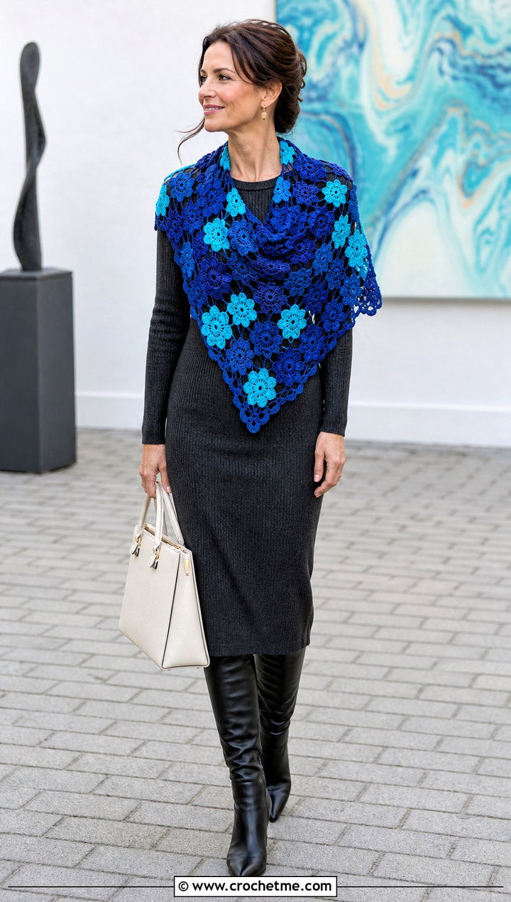 Crochet Flower Triangle Shawl With Knit Dress - 30 Crochet Flower Outfit ideas
