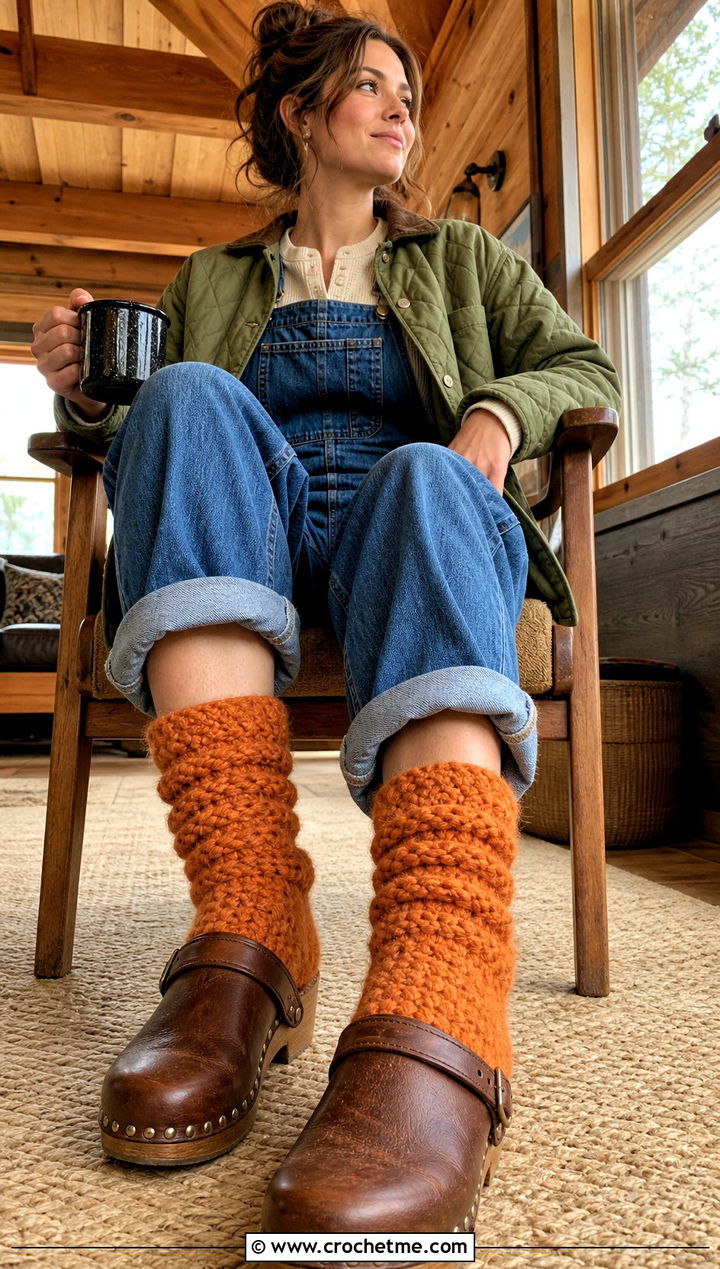Crochet Fluffy Cabin Socks With Overalls - 25 Crochet Fluffy Socks outfit ideas