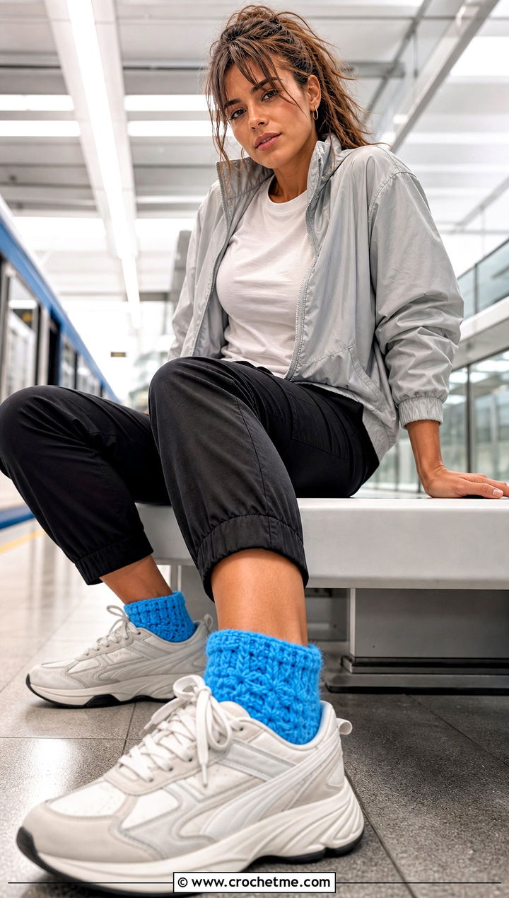 Crochet Fluffy Sneaker Socks With Track Pants - 25 Crochet Fluffy Socks outfit ideas