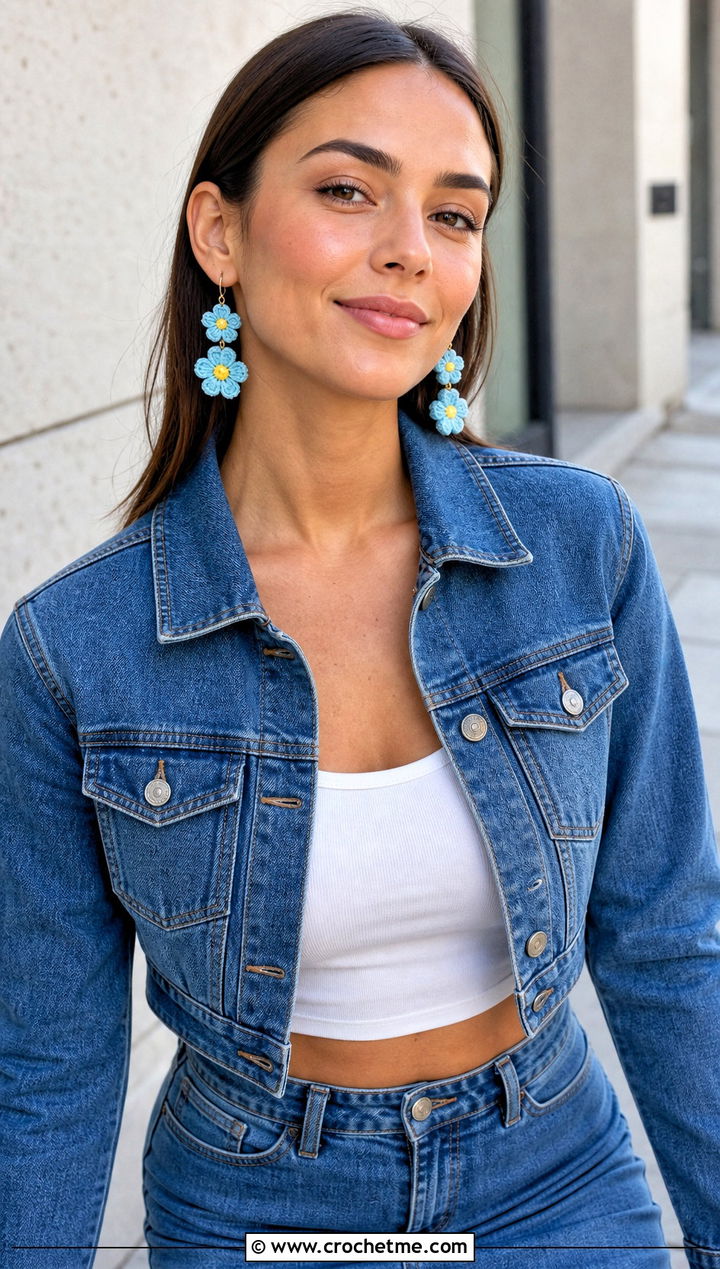 Crochet Forget Me Not Earrings With Denim Set - 30 Crochet Flower Outfit ideas