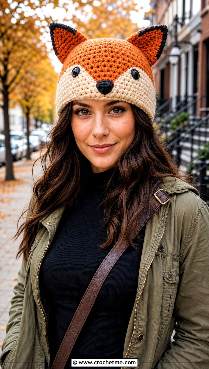 Crochet Fox Amigurumi Hat With Utility Jacket - 30 crochet amigurumi hat outfit ideas