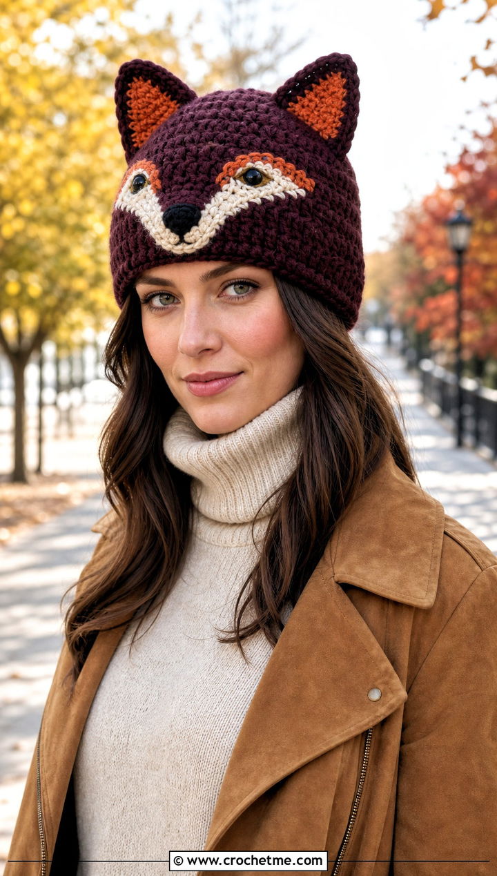 Crochet Fox Ear Hat With Suede Jacket - 20 Crochet Character Hat outfit ideas