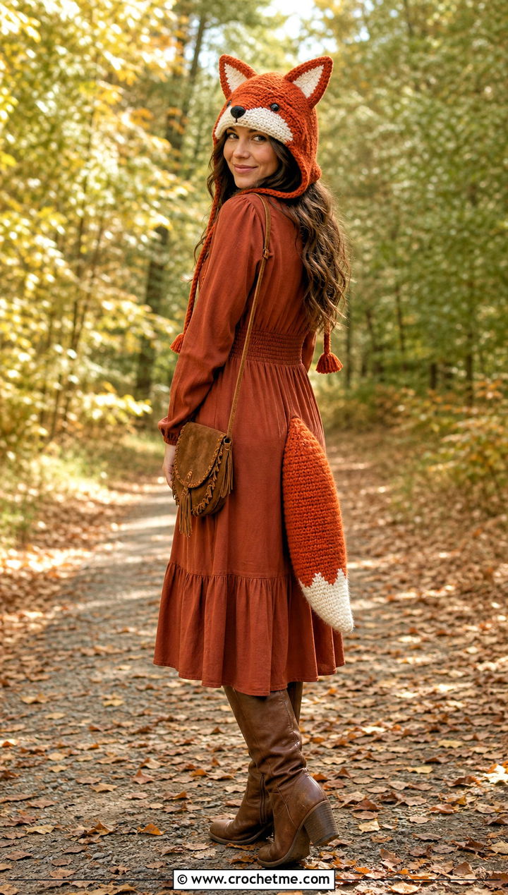 Crochet Fox Hood With Rust Midi Dress - 35 Crochet Halloween Costume Women outfit ideas