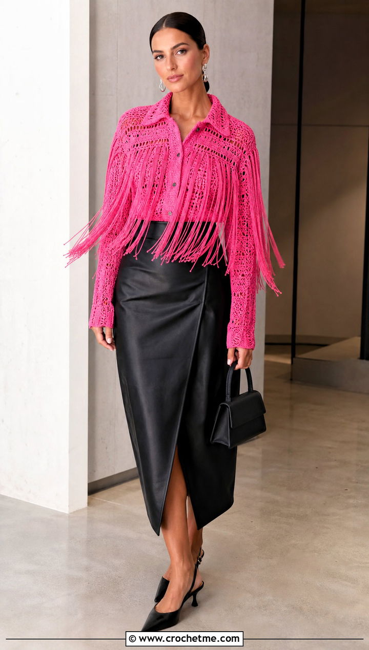 Crochet Fringe Bode Shirt With Leather Midi Skirt - 20 Bode Crochet Shirt outfit ideas