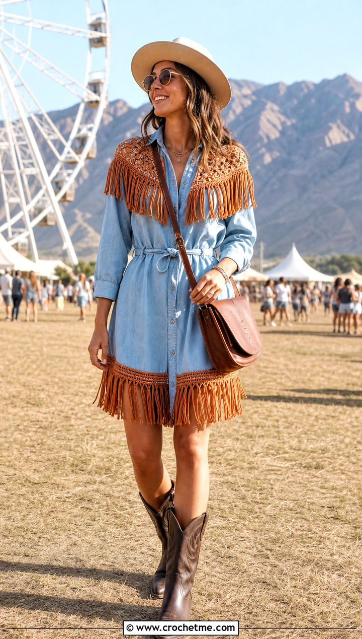 Crochet Fringe Chambray Dress With Western Boots - 25 fabric and crochet dress outfit ideas