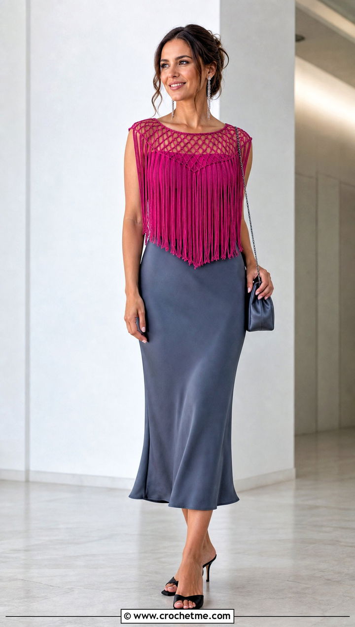 Crochet Fringe Chiffon Top With Bias Cut Skirt - 30 crochet and fabric top outfit ideas