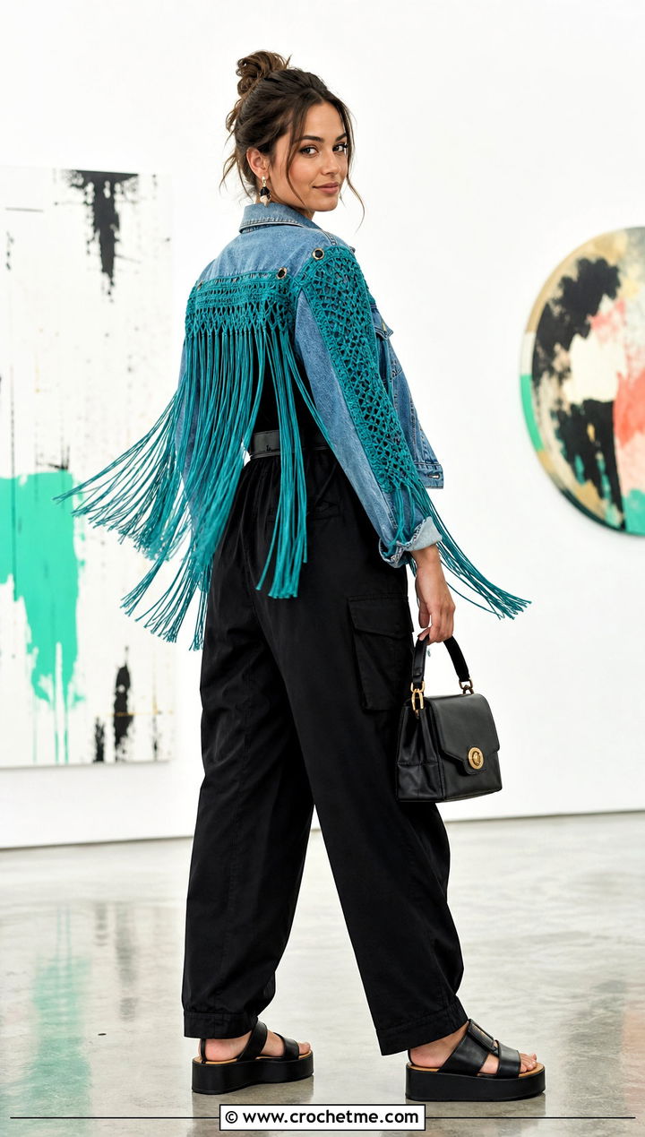 Crochet Fringe Denim Jacket With Minimalist Jumpsuit - 30 crochet denim jacket outfit ideas
