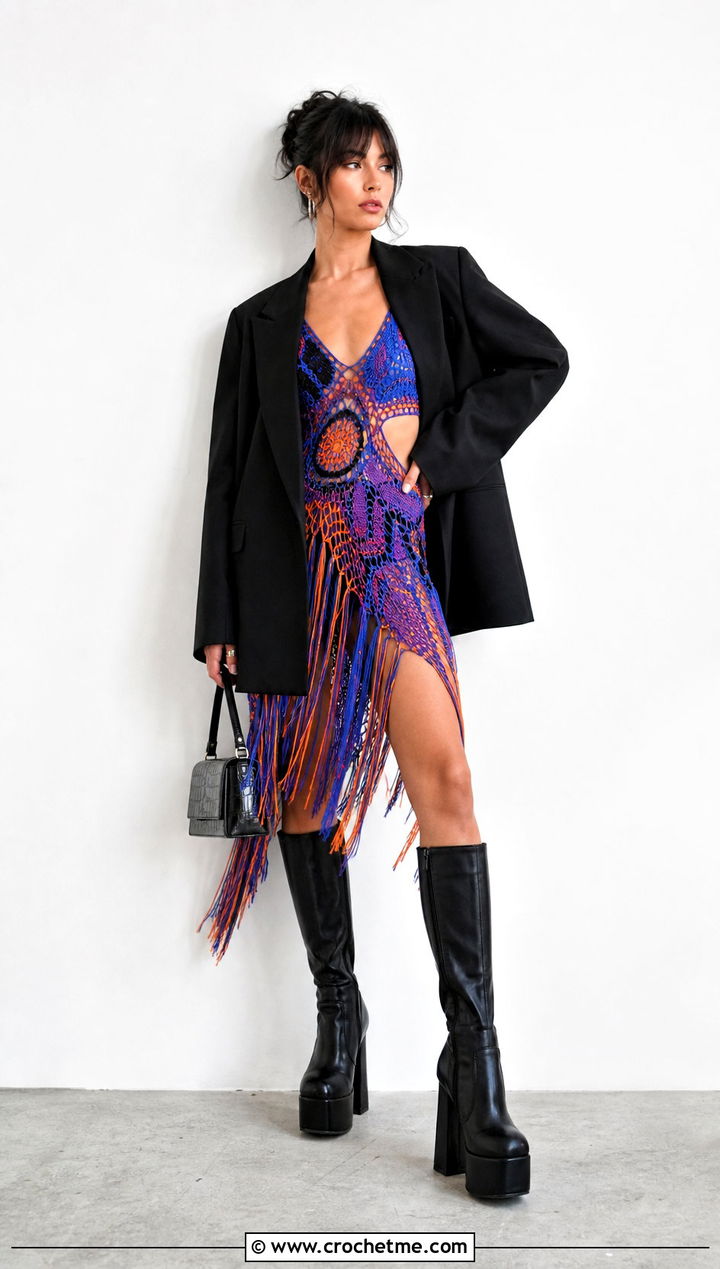 Crochet Fringe Dress With Oversized Blazer - 35 Crochet Grunge Clothes and outfit ideas