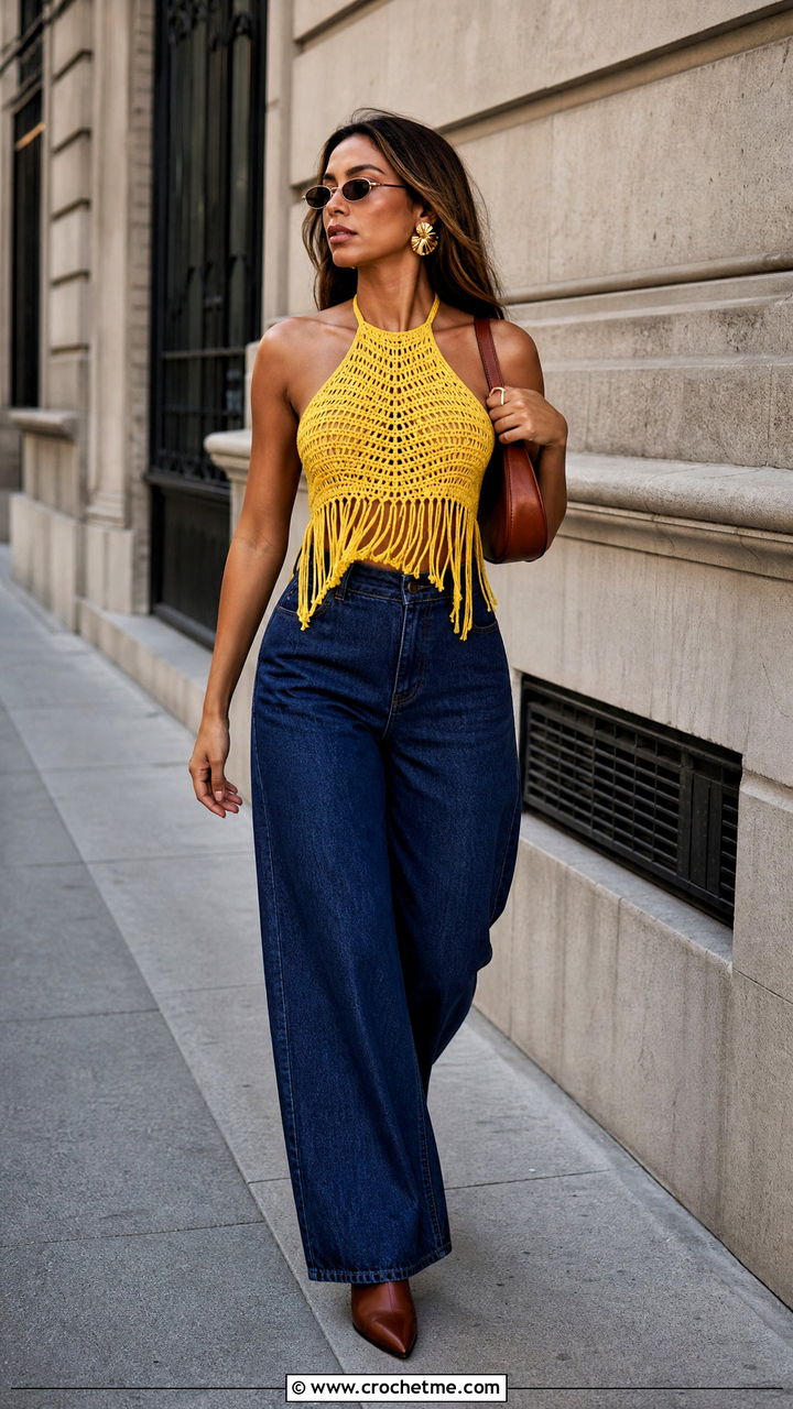 Crochet Fringe Halter Top With Wide Leg Jeans - 35 Crochet Fringe Top outfit ideas