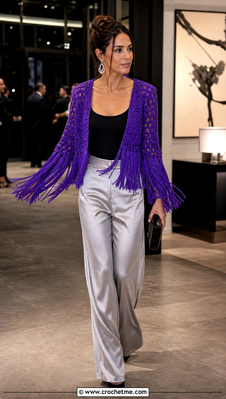 Crochet Fringe Jacket With Satin Pants - 30 full crochet outfit ideas