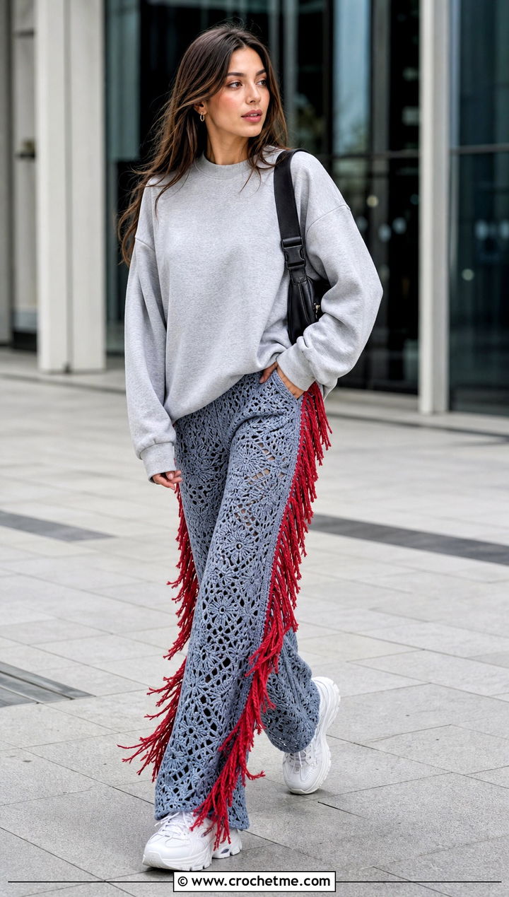 Crochet Fringe Jeans With Oversized Sweatshirt - 30 crochet denim pants outfit ideas
