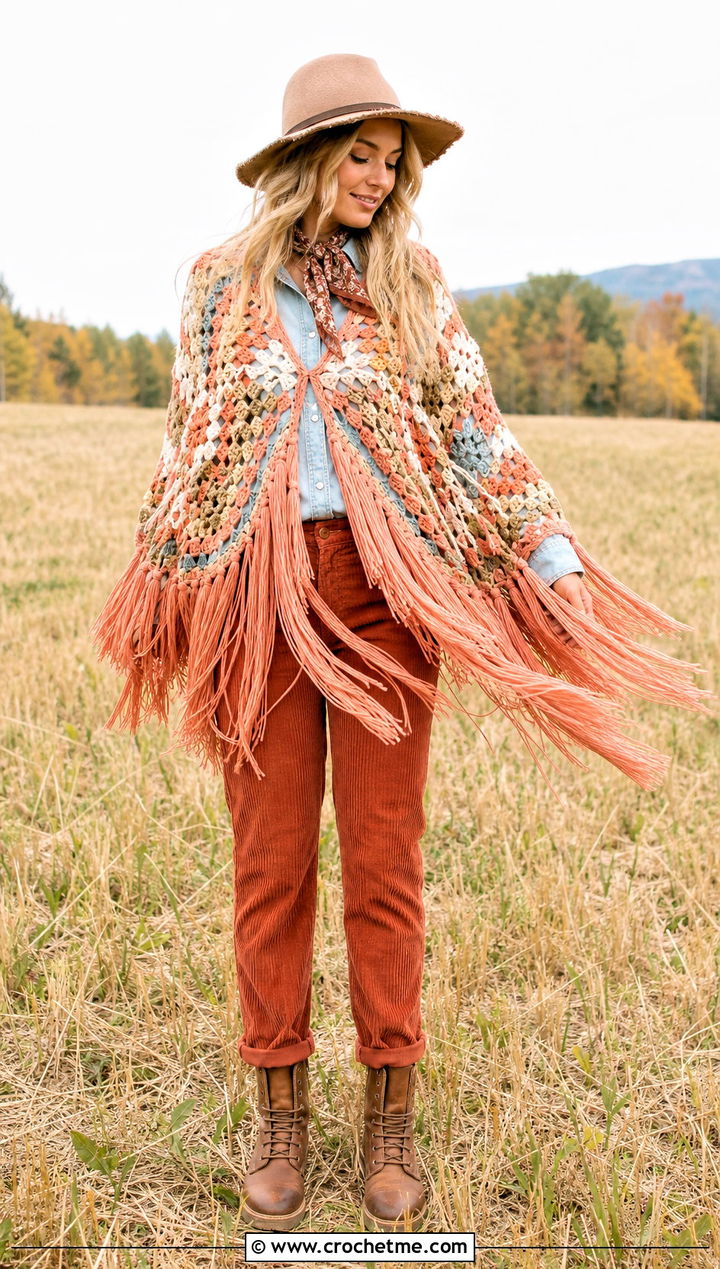 Crochet Fringe Poncho Scarecrow Costume With Corduroy Pants - 15 Crochet Costume outfit ideas
