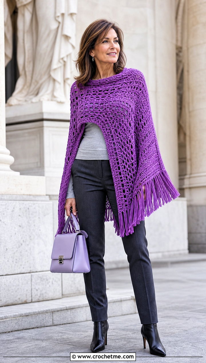 Crochet Fringe Poncho Sweater With Slim Trousers - 20 Crochet Fringe Sweater outfit ideas