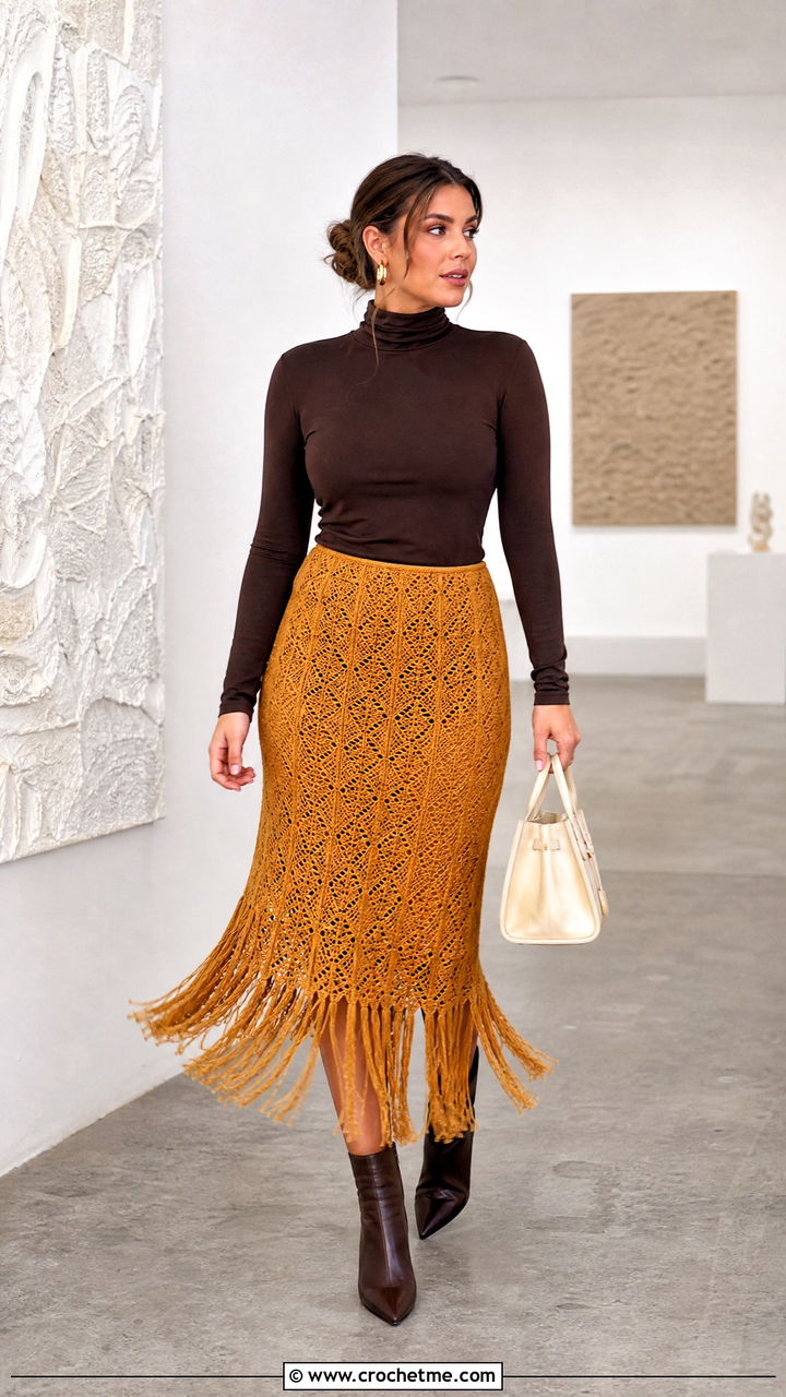 Crochet Fringe Skirt With Fitted Turtleneck - 35 crochet outfit ideas