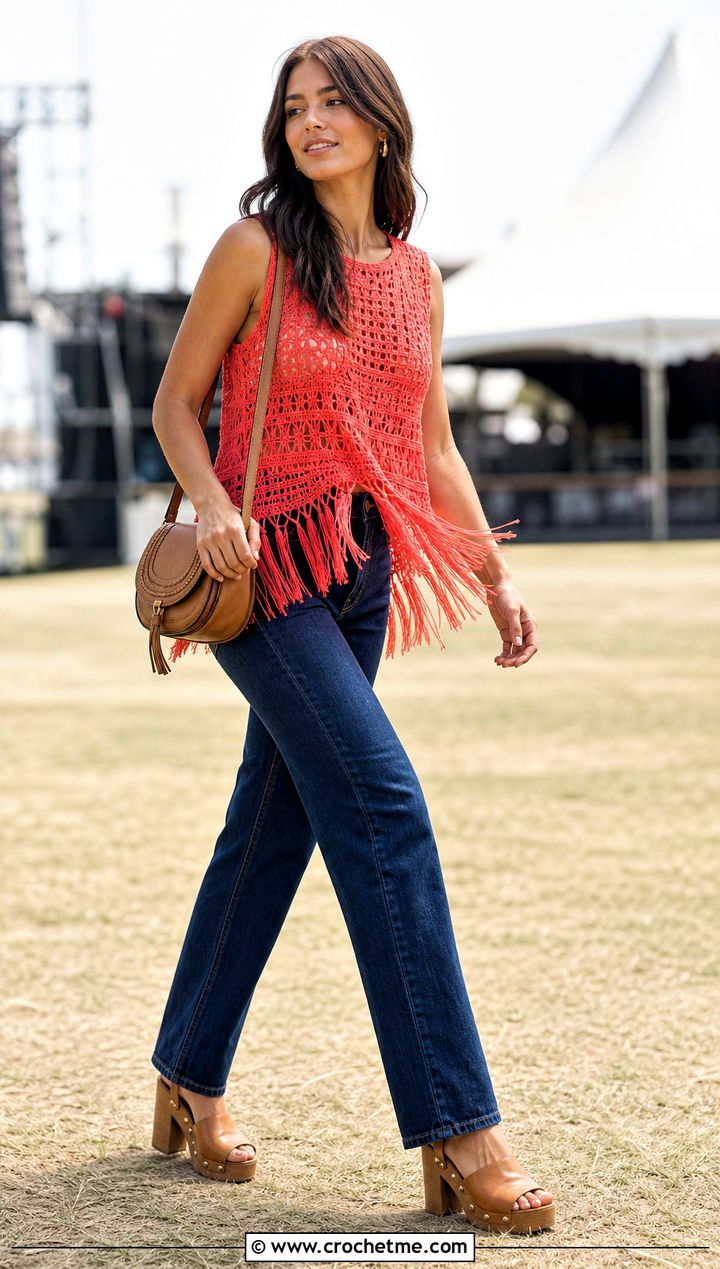 Crochet Fringe Top With Straight Leg Jeans - 35 cute crochet tops summer outfits ideas