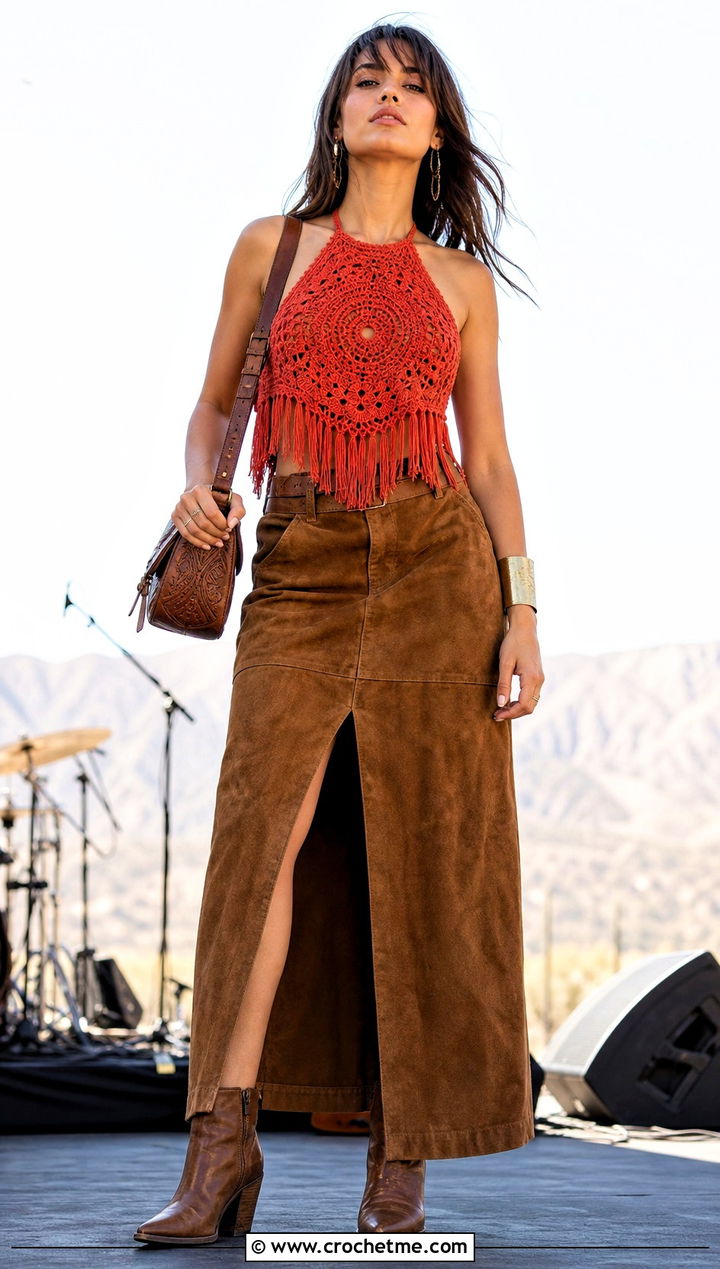 Crochet Fringe Top With Suede Maxi Skirt - 30 crochet top and long skirt outfit ideas