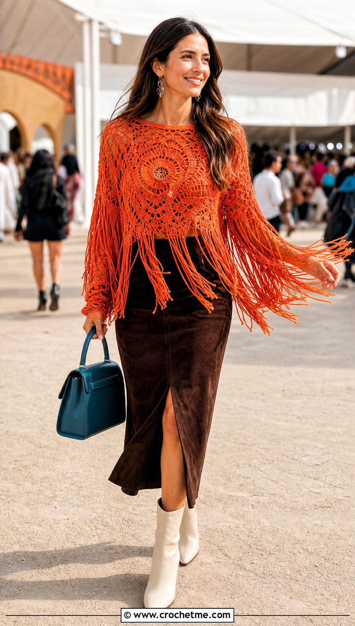 Crochet Fringe Top With Suede Skirt - 35 knitted crochet top outfit ideas
