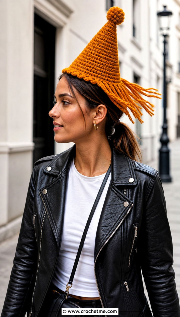Crochet Fringe Trim Mini Birthday Hat With A Leather Jacket - 25 Crochet Mini Birthday Hat outfit ideas