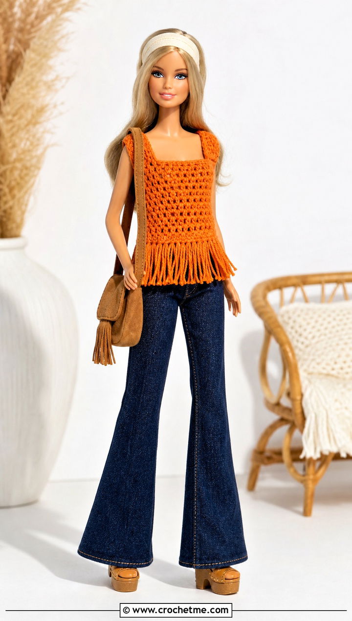 Crochet Fringed Top With Flared Jeans Doll Outfit - 15 Crochet Doll Clothes English outfit ideas