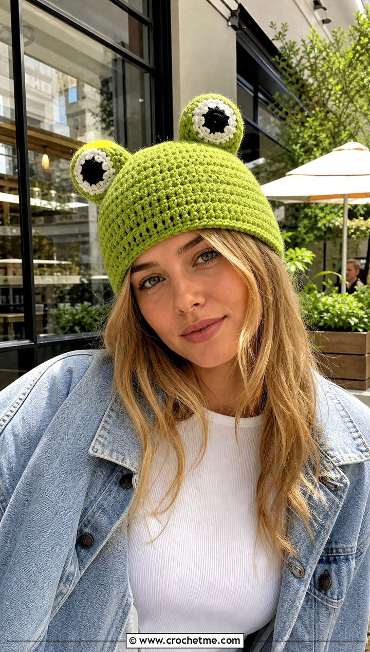 Crochet Frog Amigurumi Hat With Denim Jacket - 30 crochet amigurumi hat outfit ideas