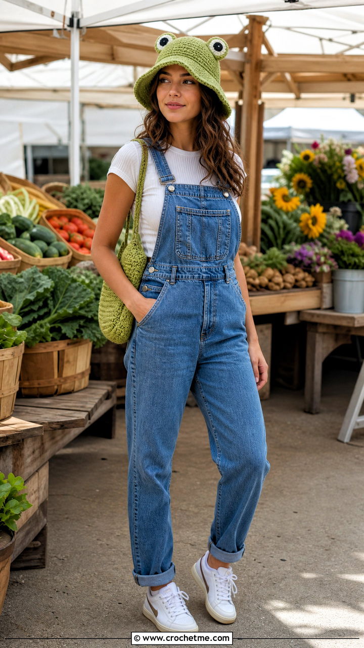 Crochet Frog Bucket Hat With Denim Overalls - 35 crochet character hats outfit ideas