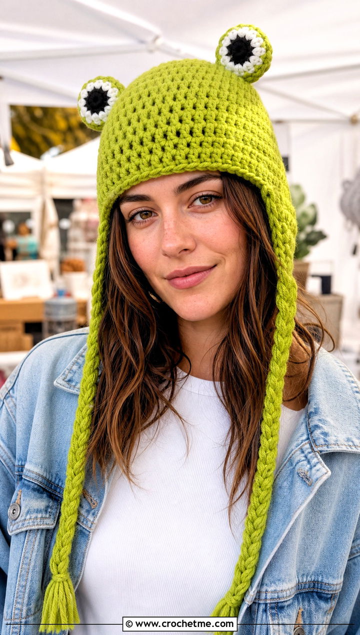 Crochet Frog Earflap Hat With Denim Jacket - 20 Crochet Character Hat outfit ideas