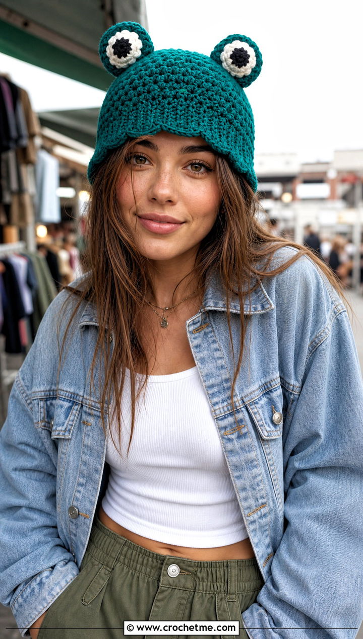 Crochet Frog Hat With Denim Jacket And Cargo Pants - 25 Crochet Silly Hats outfit ideas