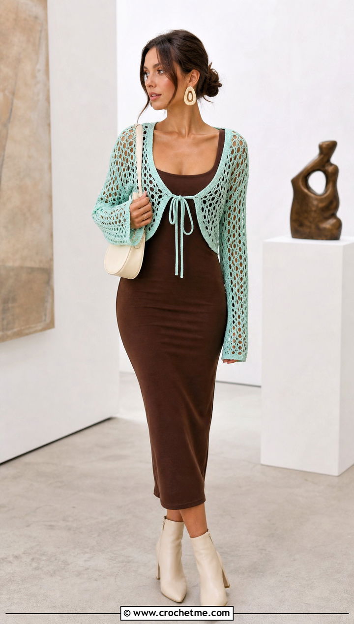 Crochet Front Tie Bolero Over Tank Dress - 30 crochet front tie top outfit ideas