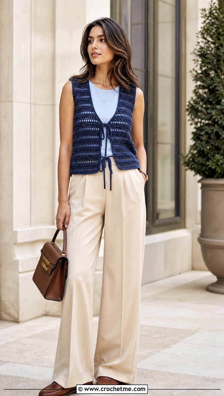 Crochet Front Tie Waistcoat With Pleated Trousers - 30 crochet front tie top outfit ideas
