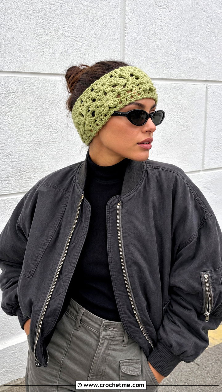 Crochet Frosted Petals Ear Warmer With Bomber Jacket And Cargo Pants - 15 Crochet Frosted Petals Ear Warmer outfit ideas