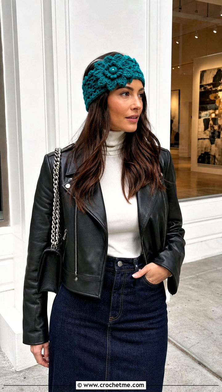 Crochet Frosted Petals Ear Warmer With Leather Jacket And Midi Skirt - 15 Crochet Frosted Petals Ear Warmer outfit ideas