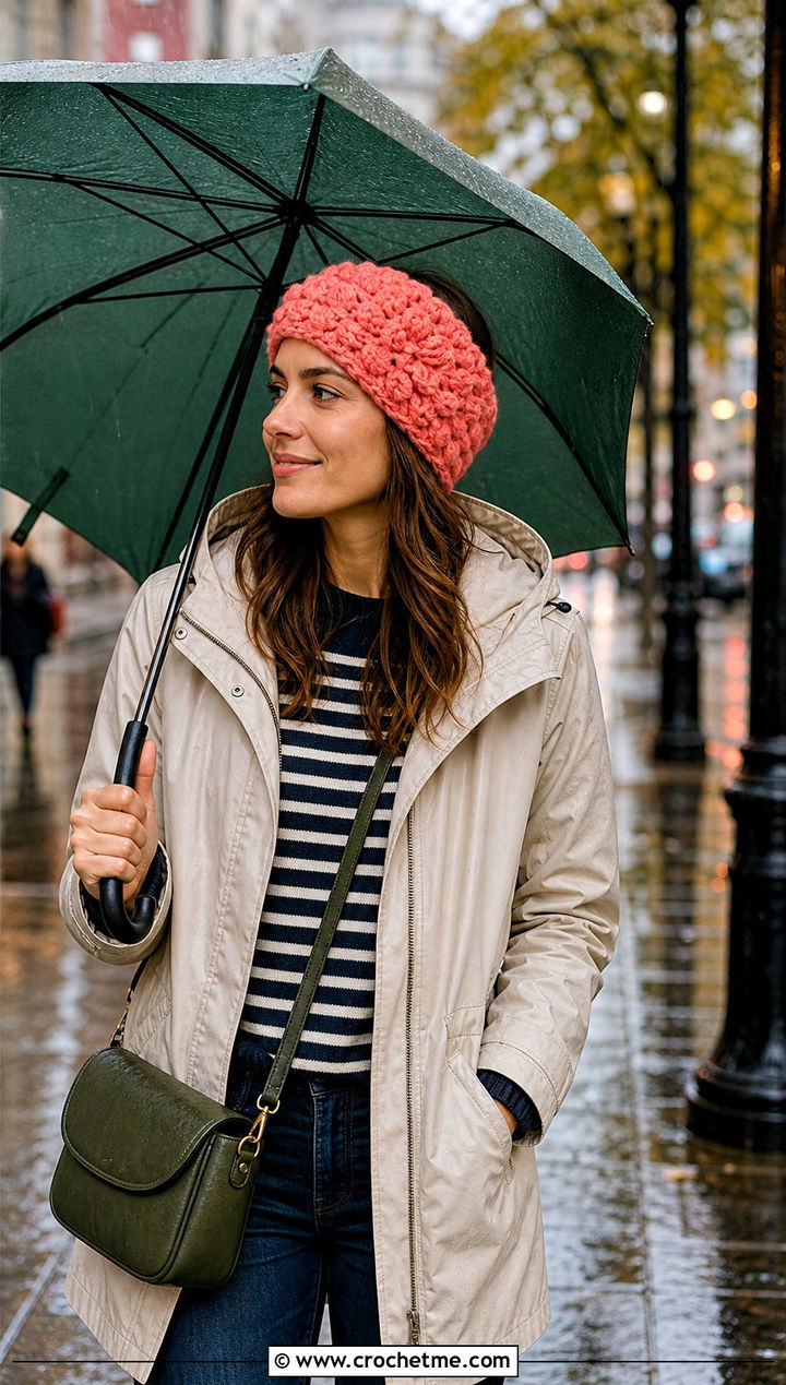 Crochet Frosted Petals Ear Warmer With Raincoat And Chelsea Boots - 15 Crochet Frosted Petals Ear Warmer outfit ideas