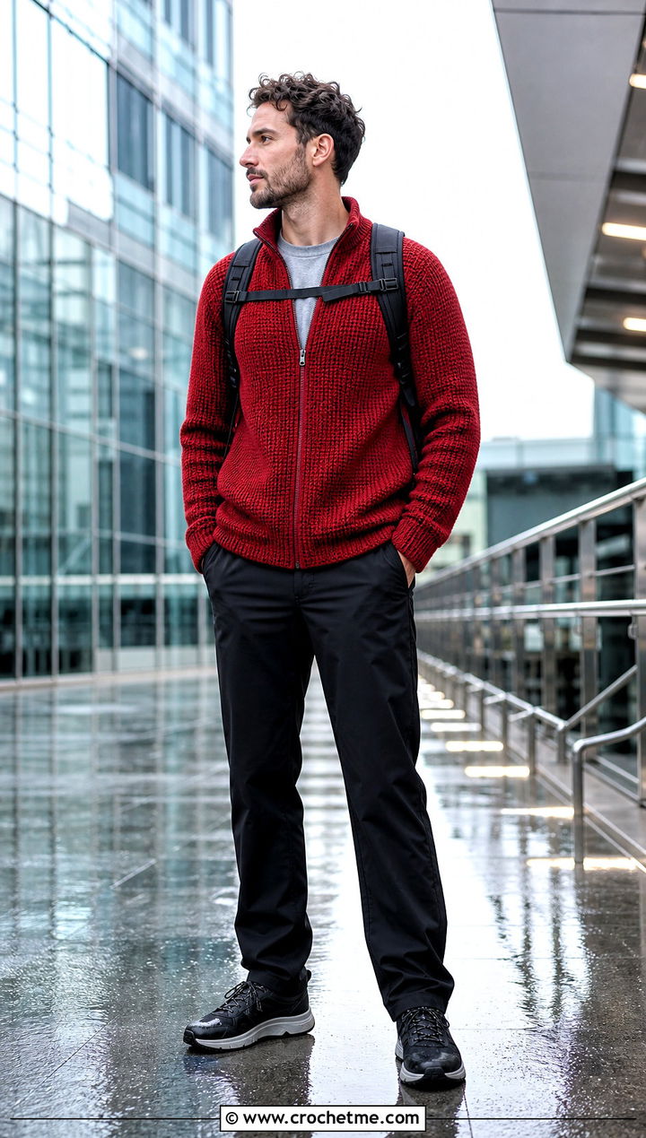 Crochet Full Zip Sweater With Technical Pants - 30 Easy Crochet Mens Sweater outfit ideas