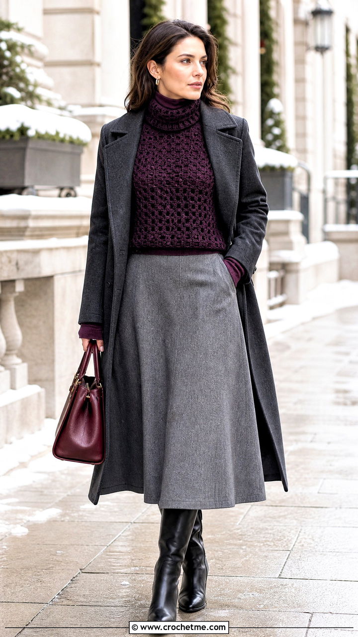 Crochet Funnel Neck Top With Wool Midi Skirt - 35 Crochet Top And Skirt outfit ideas