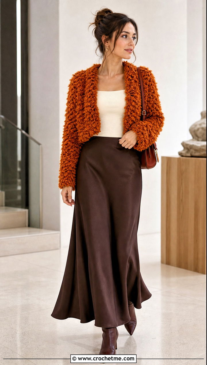 Crochet Fur Bolero Jacket With Maxi Skirt - 30 crochet fur jacket outfit ideas