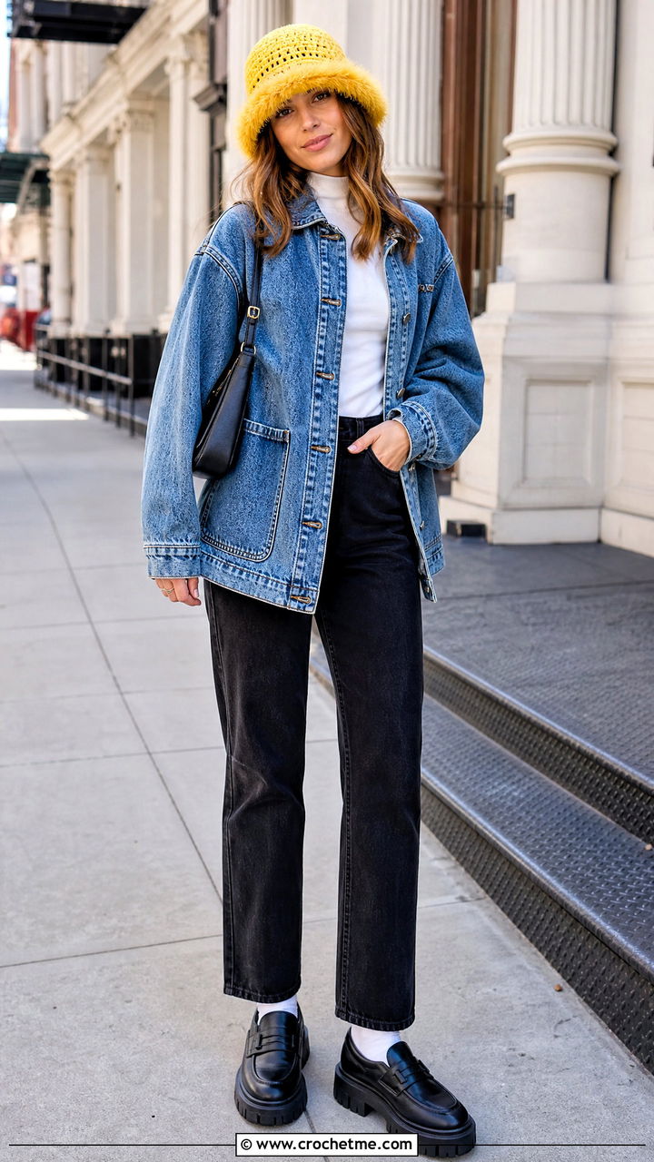 Crochet Fur Bucket Hat With Denim Jacket - 35 crochet fur hat outfit ideas