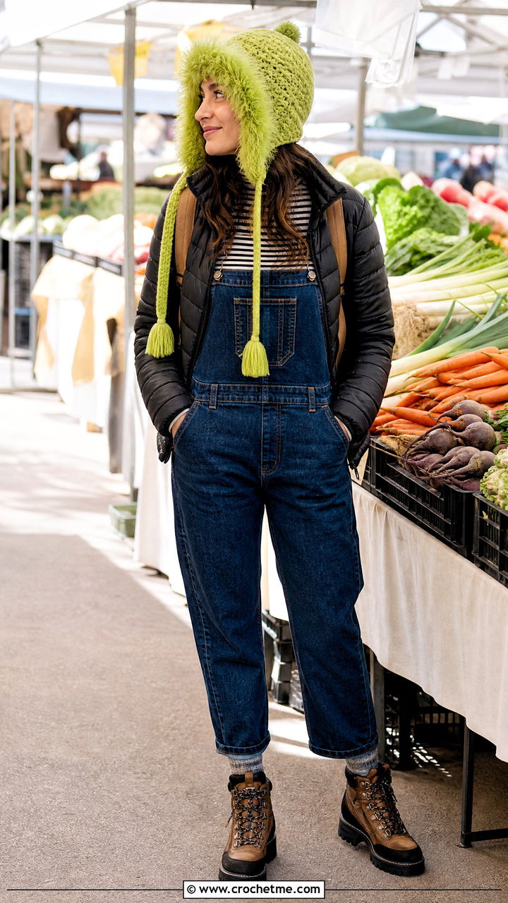 Crochet Fur Peruvian Hat With Denim Overalls - 35 crochet fur hat outfit ideas