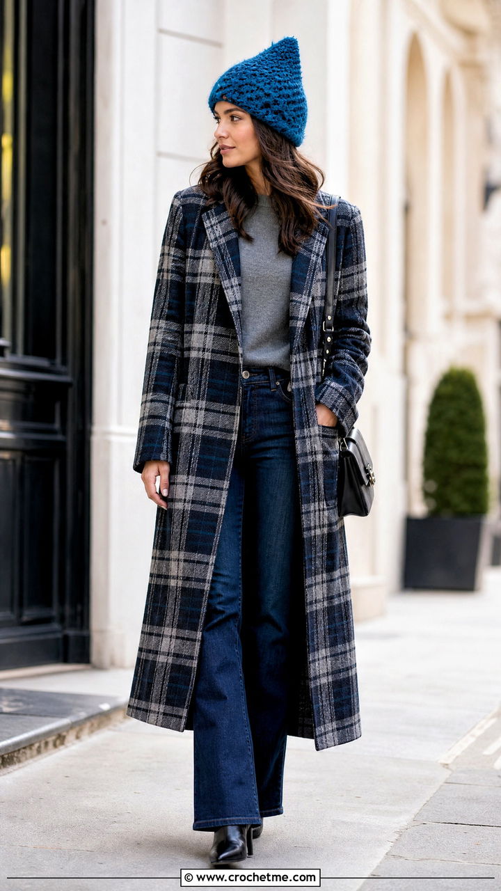 Crochet Fur Pointed Hat With Plaid Coat - 35 crochet fur hat outfit ideas