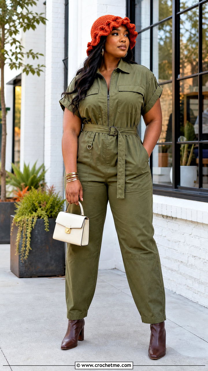 Crochet Fur Ruffled Hat With Utility Jumpsuit - 35 crochet fur hat outfit ideas