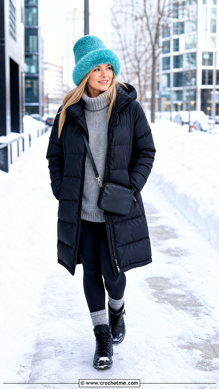 Crochet Fur Toque With Long Puffer Coat - 35 crochet fur hat outfit ideas