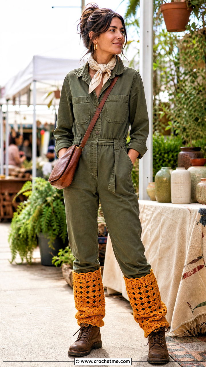 Crochet Gaiter Leg Warmers With Utility Jumpsuit And Work Boots - 35 crochet leg warmer outfit ideas