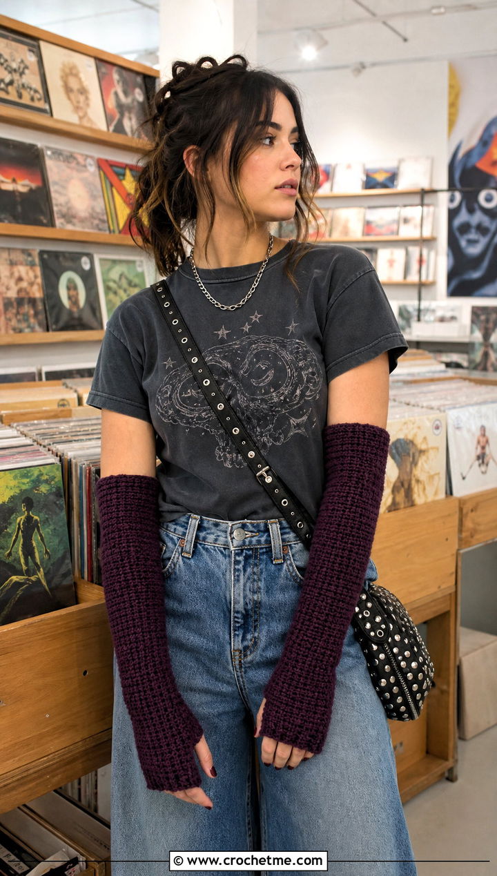 Crochet Gauntlet Arm Warmers With Graphic T Shirt And Wide Leg Jeans - 15 Crochet Fingerless Arm Warmers outfit ideas
