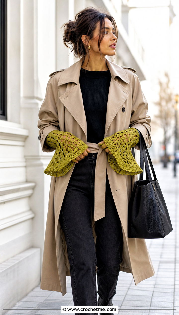Crochet Gauntlet Gloves With A Trench Coat - 25 Vintage Crochet Gloves outfit ideas