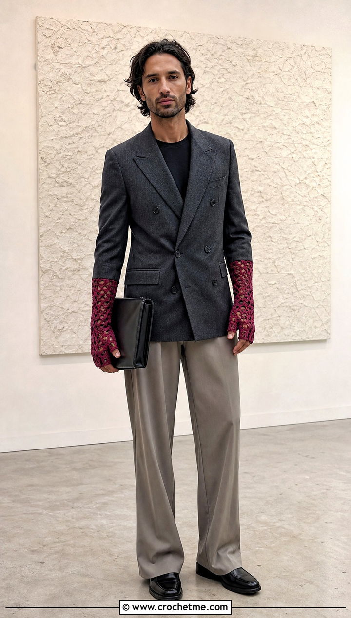 Crochet Gauntlet Gloves With Double Breasted Blazer - 35 men crochet gloves outfit ideas