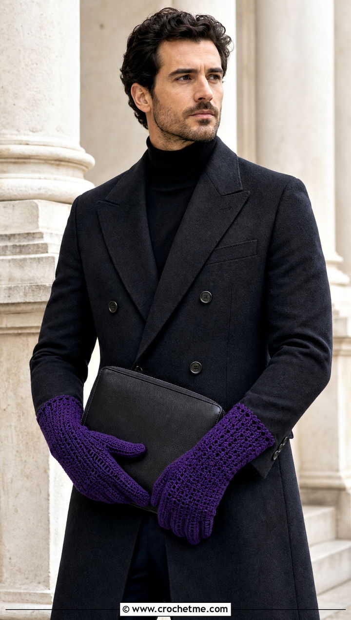 Crochet Gauntlet Gloves With Double Breasted Coat - 25 Crochet Mens Gloves outfit ideas