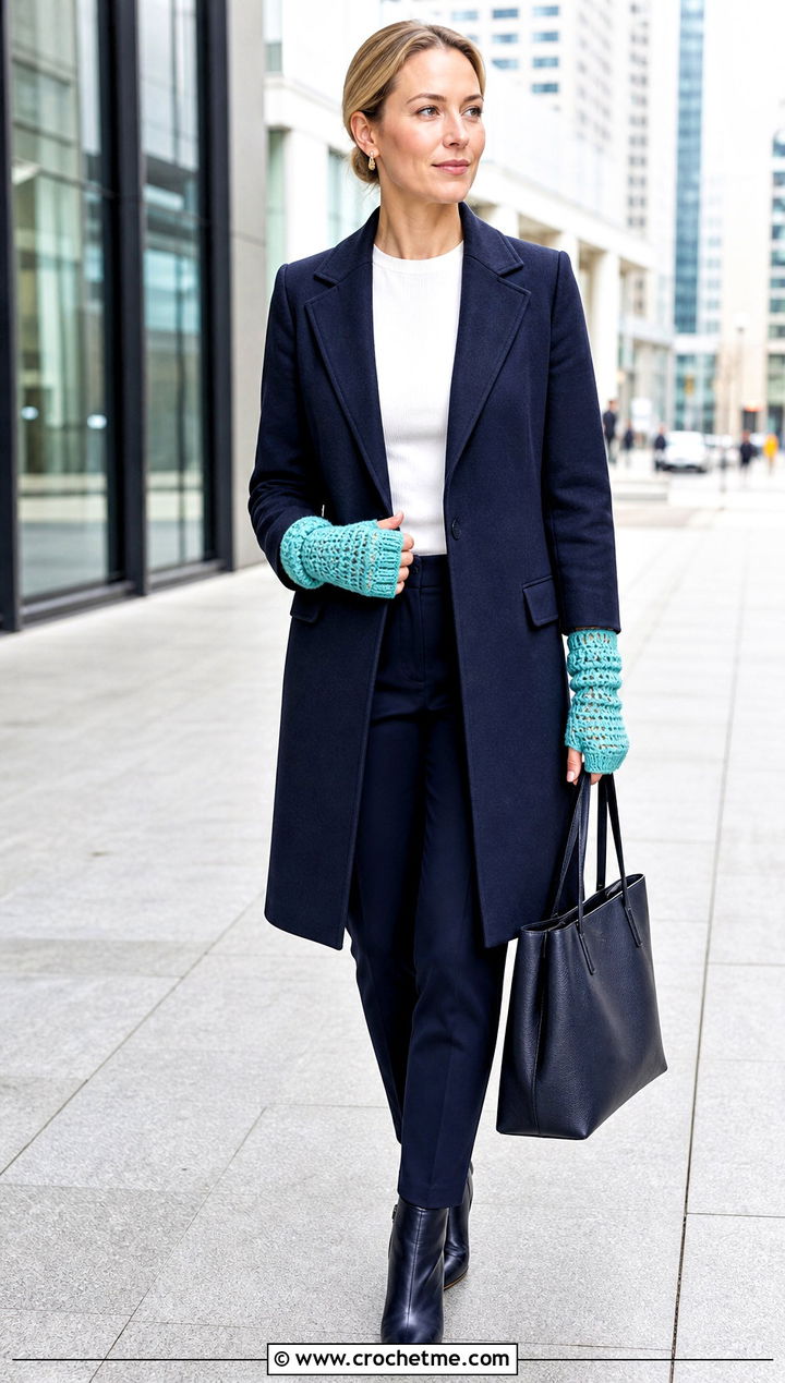 Crochet Gauntlet Hand Warmers With Tailored Coat - 35 crochet hand warmer outfit ideas