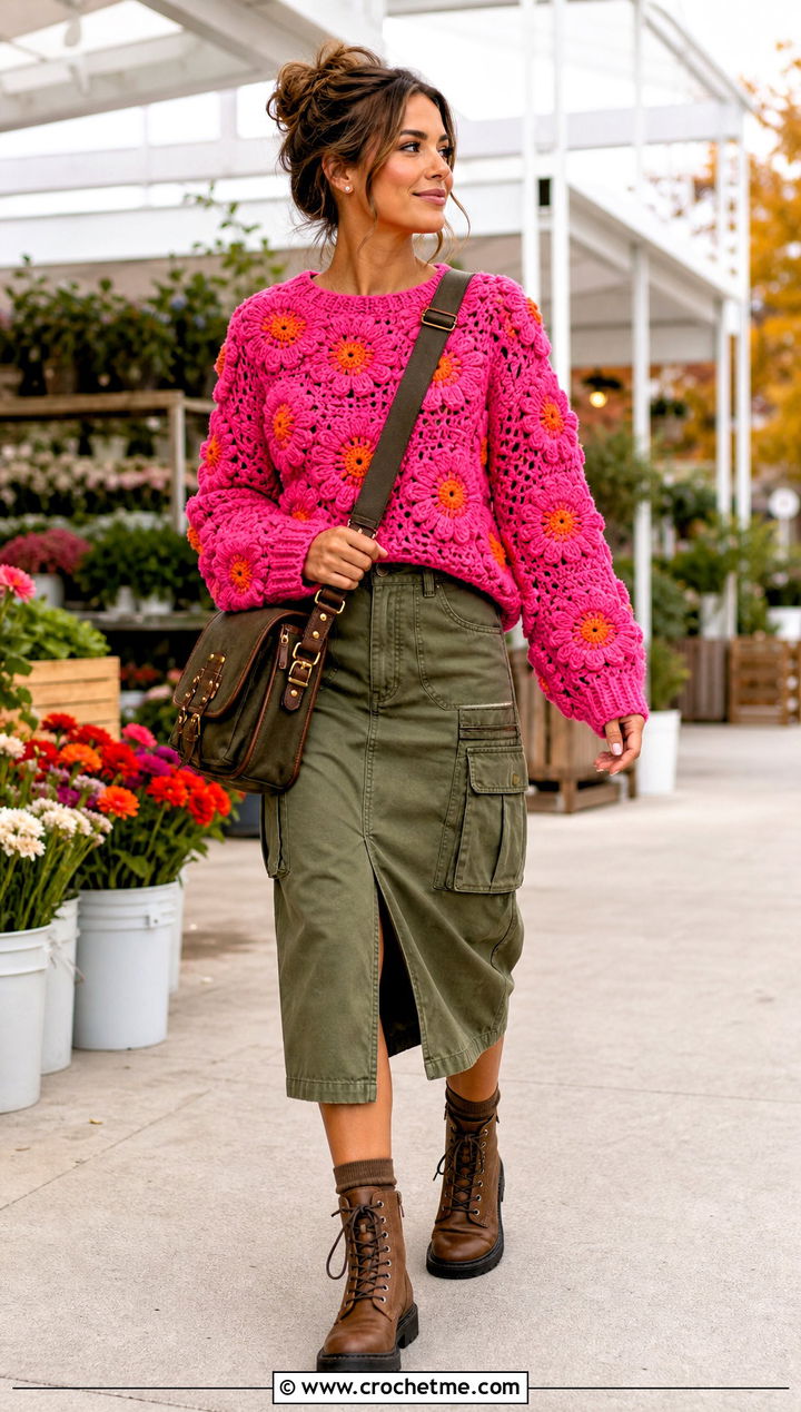 Crochet Gerbera Sweater With Utility Skirt - 30 crochet flowers on sweater outfit ideas