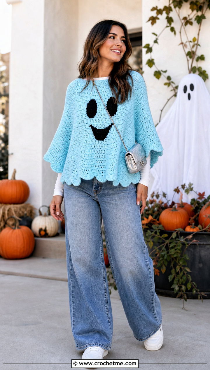 Crochet Ghost Poncho With Wide Leg Jeans - 35 Crochet Halloween Costume Women outfit ideas