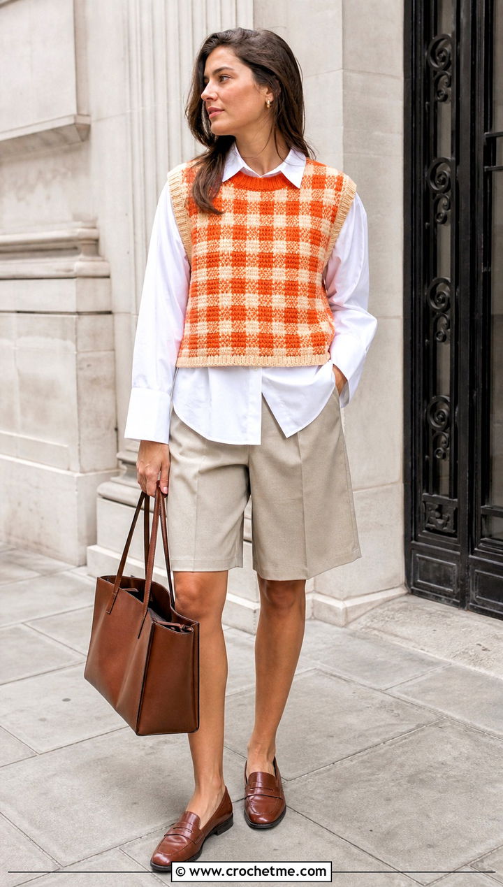 Crochet Gingham Sweater Vest With Shirt And Bermuda Shorts - 25 Crochet Gingham Sweater outfit ideas